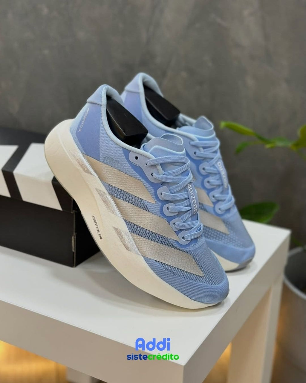 Tenis Adidas Adizero EVO SL Glow Blue vista frontal con puntera aerodinámica